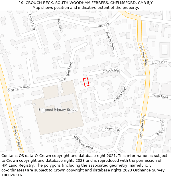 19, CROUCH BECK, SOUTH WOODHAM FERRERS, CHELMSFORD, CM3 5JY: Location map and indicative extent of plot