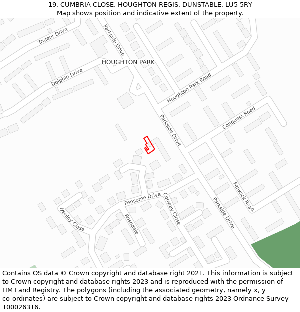 19, CUMBRIA CLOSE, HOUGHTON REGIS, DUNSTABLE, LU5 5RY: Location map and indicative extent of plot