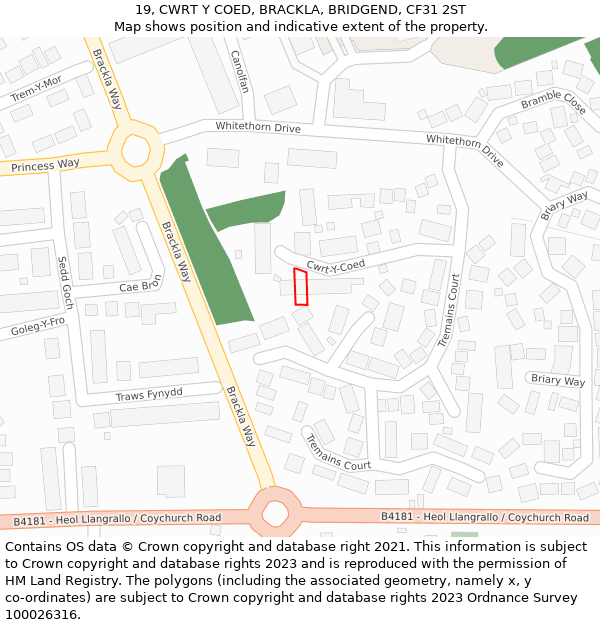 19, CWRT Y COED, BRACKLA, BRIDGEND, CF31 2ST: Location map and indicative extent of plot