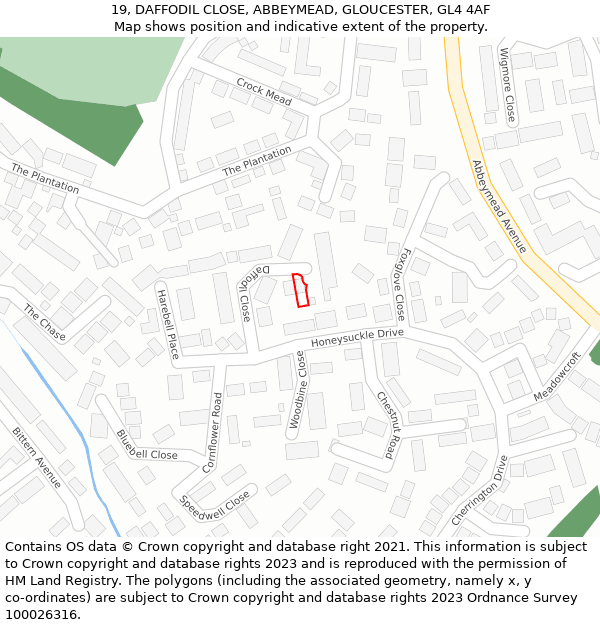 19, DAFFODIL CLOSE, ABBEYMEAD, GLOUCESTER, GL4 4AF: Location map and indicative extent of plot