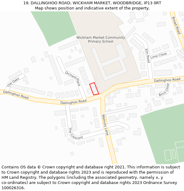 19, DALLINGHOO ROAD, WICKHAM MARKET, WOODBRIDGE, IP13 0RT: Location map and indicative extent of plot