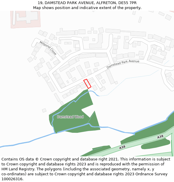19, DAMSTEAD PARK AVENUE, ALFRETON, DE55 7PR: Location map and indicative extent of plot