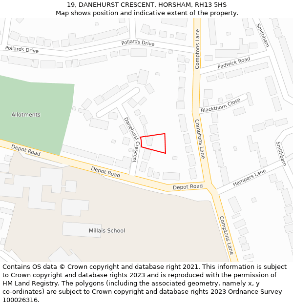 19, DANEHURST CRESCENT, HORSHAM, RH13 5HS: Location map and indicative extent of plot