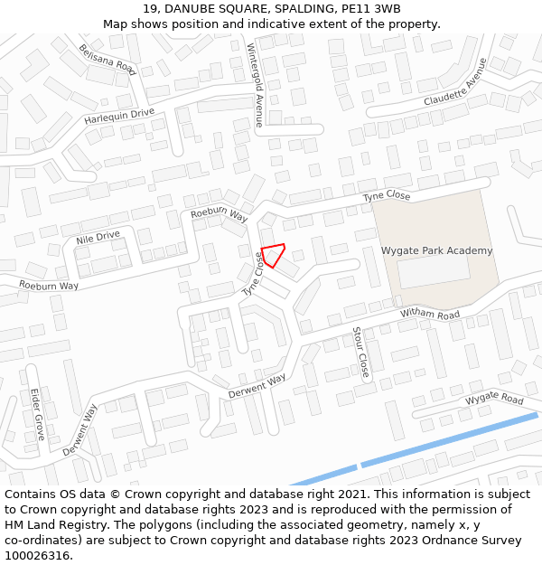 19, DANUBE SQUARE, SPALDING, PE11 3WB: Location map and indicative extent of plot