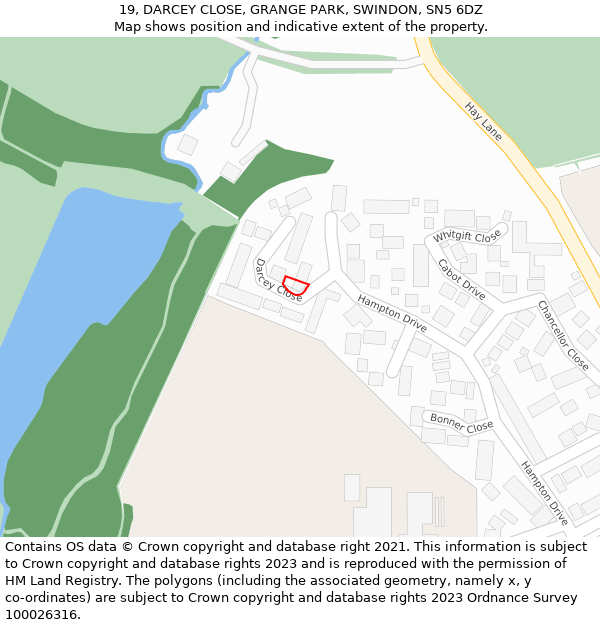 19, DARCEY CLOSE, GRANGE PARK, SWINDON, SN5 6DZ: Location map and indicative extent of plot