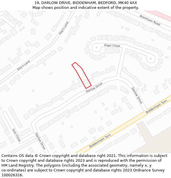 19, DARLOW DRIVE, BIDDENHAM, BEDFORD, MK40 4AX: Location map and indicative extent of plot