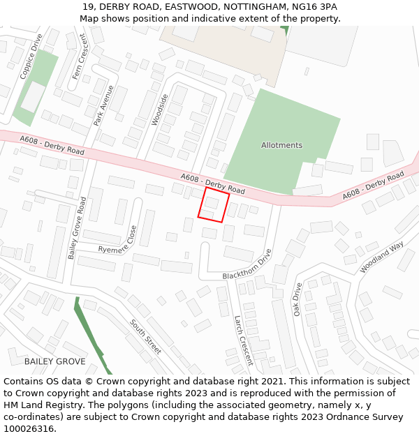 19, DERBY ROAD, EASTWOOD, NOTTINGHAM, NG16 3PA: Location map and indicative extent of plot