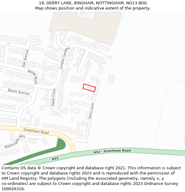 19, DERRY LANE, BINGHAM, NOTTINGHAM, NG13 8DG: Location map and indicative extent of plot