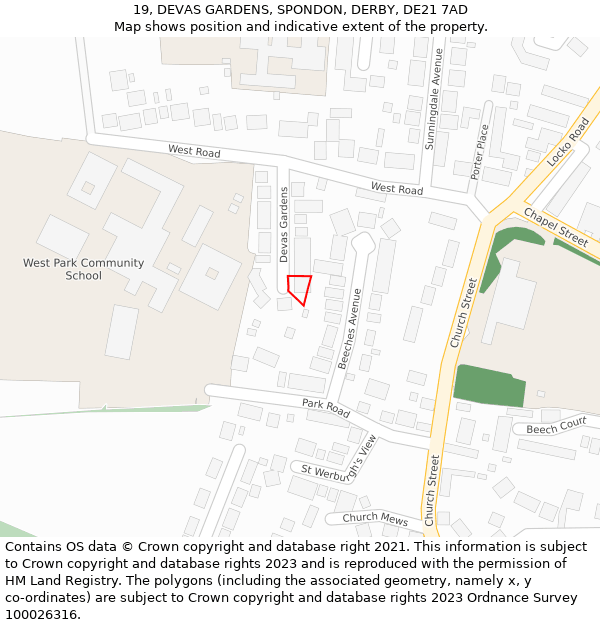 19, DEVAS GARDENS, SPONDON, DERBY, DE21 7AD: Location map and indicative extent of plot