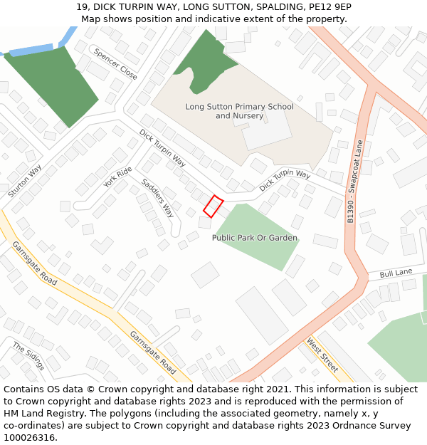 19, DICK TURPIN WAY, LONG SUTTON, SPALDING, PE12 9EP: Location map and indicative extent of plot