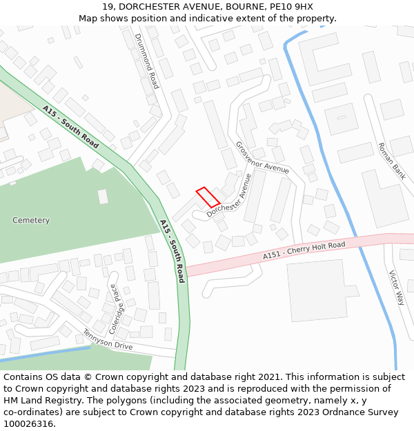 19, DORCHESTER AVENUE, BOURNE, PE10 9HX: Location map and indicative extent of plot