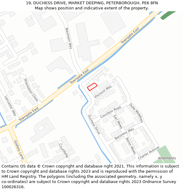 19, DUCHESS DRIVE, MARKET DEEPING, PETERBOROUGH, PE6 8FN: Location map and indicative extent of plot