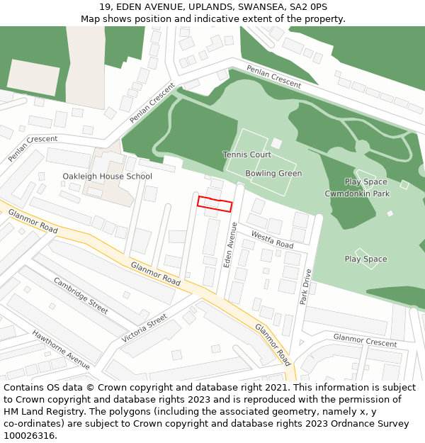 19, EDEN AVENUE, UPLANDS, SWANSEA, SA2 0PS: Location map and indicative extent of plot