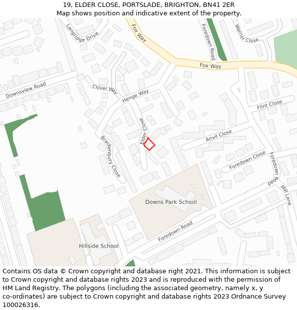 19, ELDER CLOSE, PORTSLADE, BRIGHTON, BN41 2ER: Location map and indicative extent of plot