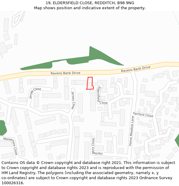 19, ELDERSFIELD CLOSE, REDDITCH, B98 9NG: Location map and indicative extent of plot