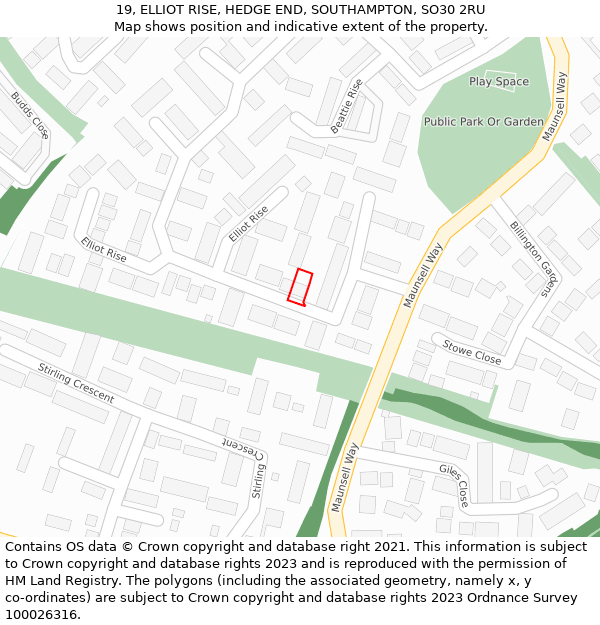 19, ELLIOT RISE, HEDGE END, SOUTHAMPTON, SO30 2RU: Location map and indicative extent of plot