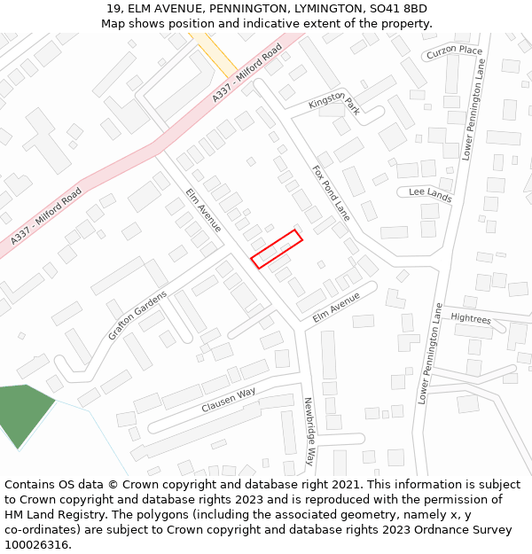 19, ELM AVENUE, PENNINGTON, LYMINGTON, SO41 8BD: Location map and indicative extent of plot