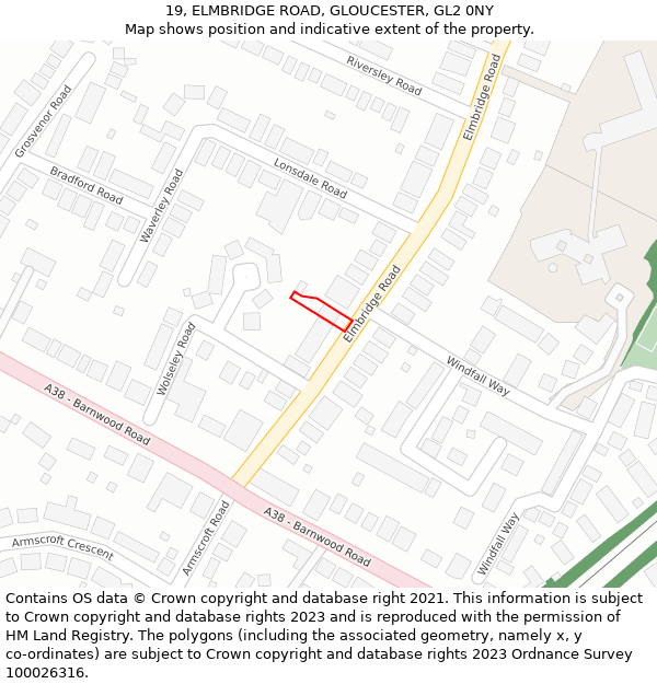 19, ELMBRIDGE ROAD, GLOUCESTER, GL2 0NY: Location map and indicative extent of plot