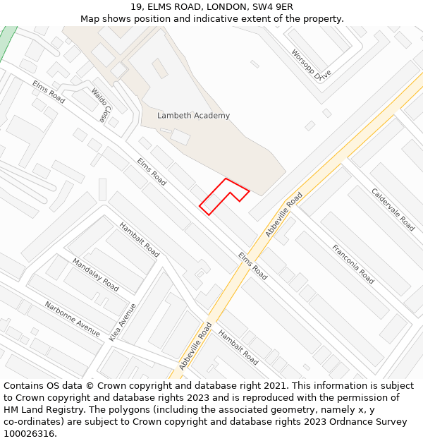19, ELMS ROAD, LONDON, SW4 9ER: Location map and indicative extent of plot