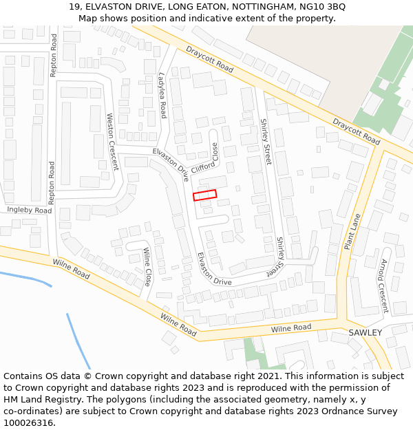 19, ELVASTON DRIVE, LONG EATON, NOTTINGHAM, NG10 3BQ: Location map and indicative extent of plot