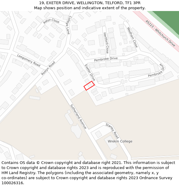 19, EXETER DRIVE, WELLINGTON, TELFORD, TF1 3PR: Location map and indicative extent of plot