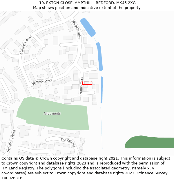 19, EXTON CLOSE, AMPTHILL, BEDFORD, MK45 2XG: Location map and indicative extent of plot