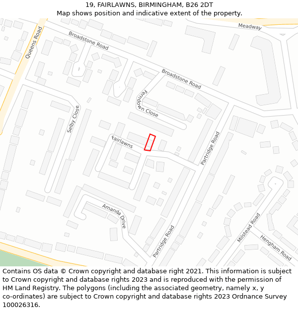 19, FAIRLAWNS, BIRMINGHAM, B26 2DT: Location map and indicative extent of plot