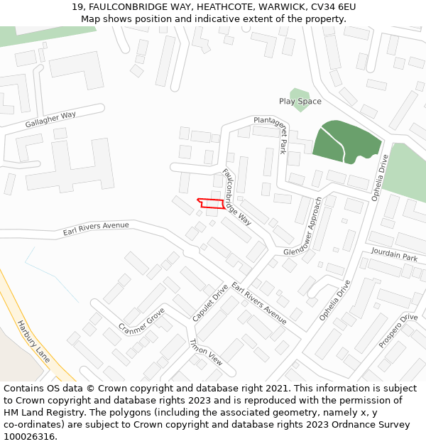 19, FAULCONBRIDGE WAY, HEATHCOTE, WARWICK, CV34 6EU: Location map and indicative extent of plot