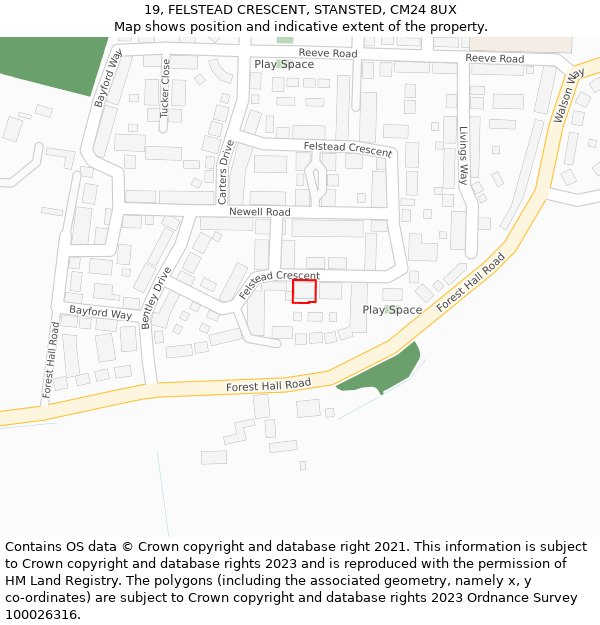 19, FELSTEAD CRESCENT, STANSTED, CM24 8UX: Location map and indicative extent of plot