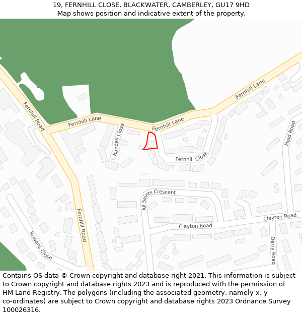 19, FERNHILL CLOSE, BLACKWATER, CAMBERLEY, GU17 9HD: Location map and indicative extent of plot