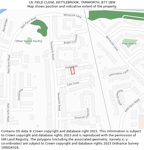 19, FIELD CLOSE, KETTLEBROOK, TAMWORTH, B77 1BW: Location map and indicative extent of plot