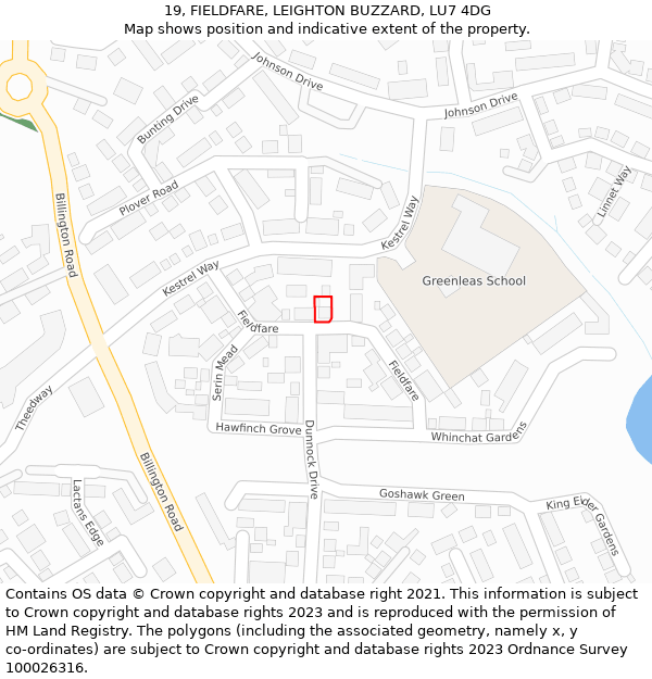 19, FIELDFARE, LEIGHTON BUZZARD, LU7 4DG: Location map and indicative extent of plot