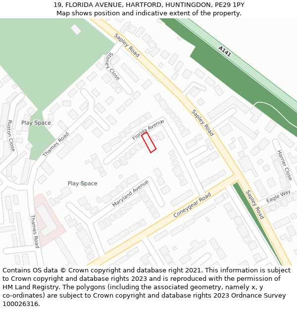 19, FLORIDA AVENUE, HARTFORD, HUNTINGDON, PE29 1PY: Location map and indicative extent of plot