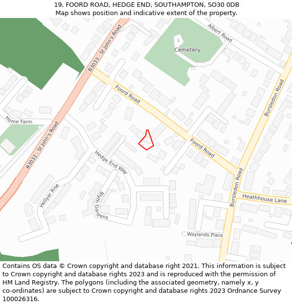 19, FOORD ROAD, HEDGE END, SOUTHAMPTON, SO30 0DB: Location map and indicative extent of plot