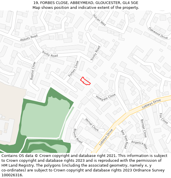 19, FORBES CLOSE, ABBEYMEAD, GLOUCESTER, GL4 5GE: Location map and indicative extent of plot