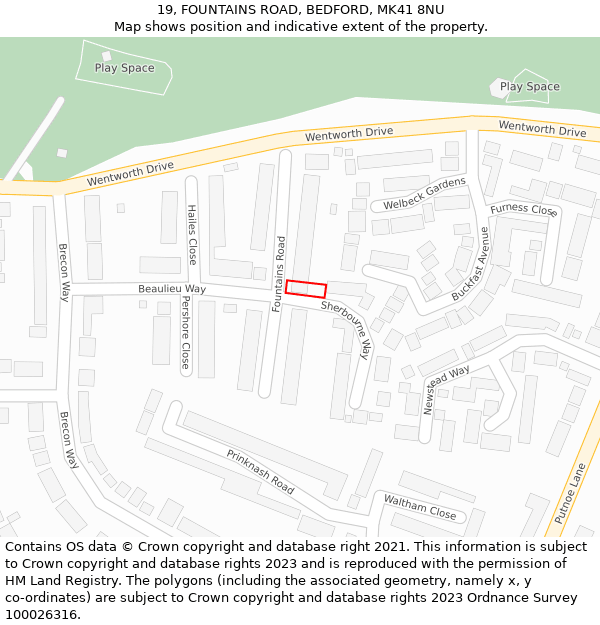 19, FOUNTAINS ROAD, BEDFORD, MK41 8NU: Location map and indicative extent of plot