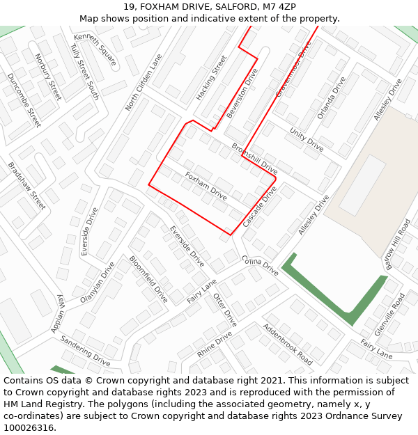 19, FOXHAM DRIVE, SALFORD, M7 4ZP: Location map and indicative extent of plot