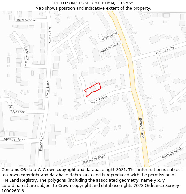 19, FOXON CLOSE, CATERHAM, CR3 5SY: Location map and indicative extent of plot