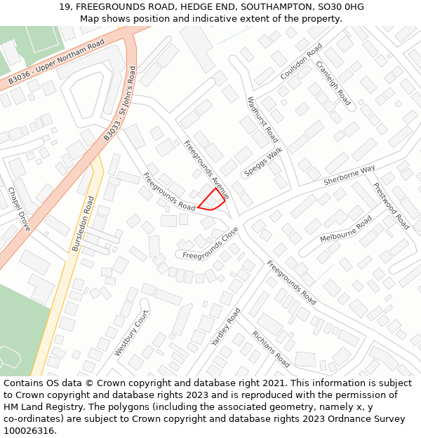 19, FREEGROUNDS ROAD, HEDGE END, SOUTHAMPTON, SO30 0HG: Location map and indicative extent of plot