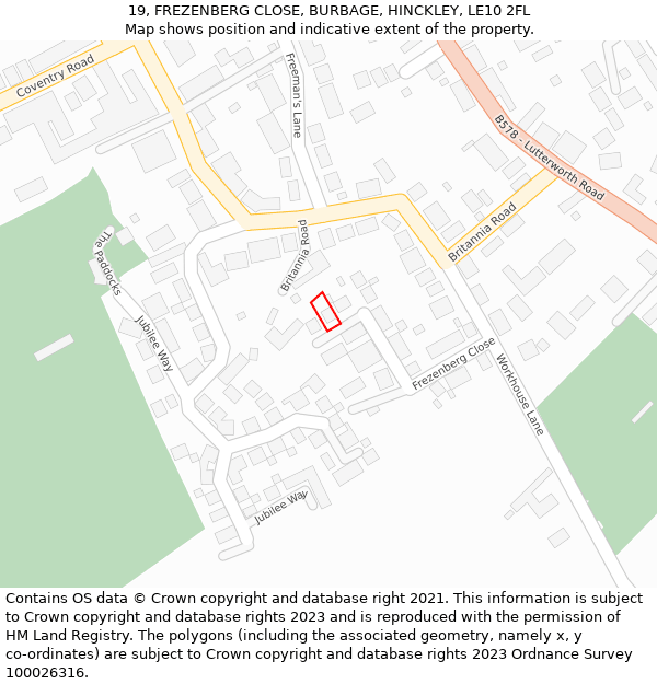 19, FREZENBERG CLOSE, BURBAGE, HINCKLEY, LE10 2FL: Location map and indicative extent of plot