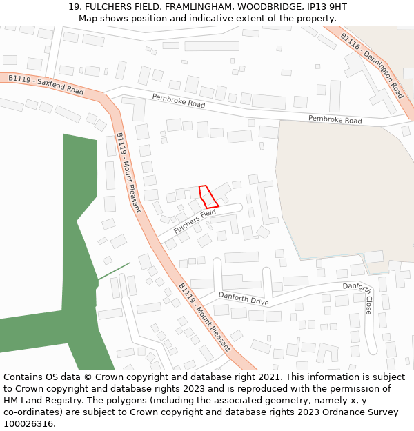 19, FULCHERS FIELD, FRAMLINGHAM, WOODBRIDGE, IP13 9HT: Location map and indicative extent of plot