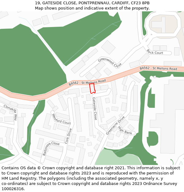 19, GATESIDE CLOSE, PONTPRENNAU, CARDIFF, CF23 8PB: Location map and indicative extent of plot