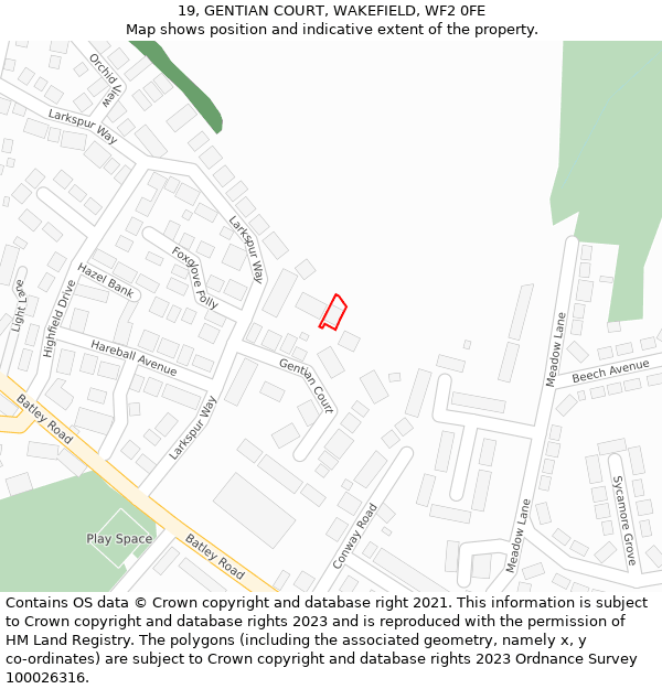 19, GENTIAN COURT, WAKEFIELD, WF2 0FE: Location map and indicative extent of plot