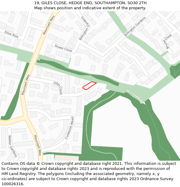 19, GILES CLOSE, HEDGE END, SOUTHAMPTON, SO30 2TH: Location map and indicative extent of plot