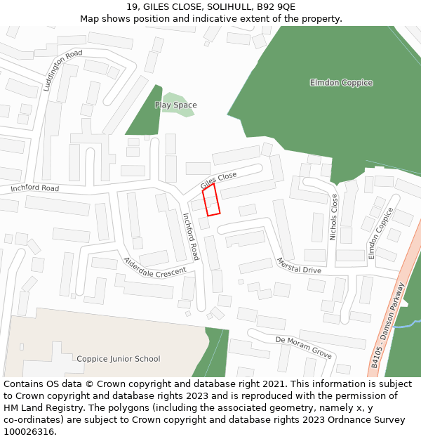 19, GILES CLOSE, SOLIHULL, B92 9QE: Location map and indicative extent of plot