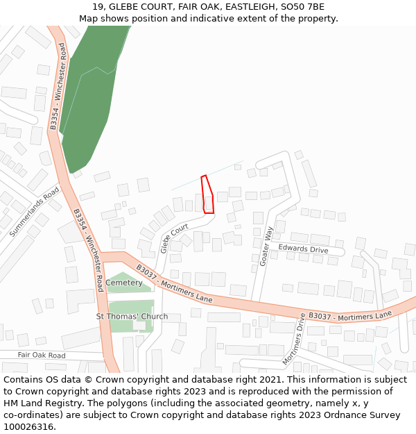 19, GLEBE COURT, FAIR OAK, EASTLEIGH, SO50 7BE: Location map and indicative extent of plot