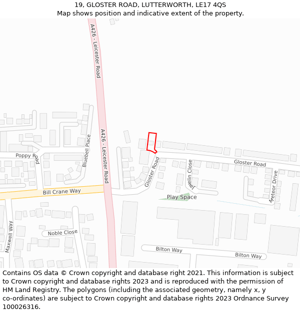 19, GLOSTER ROAD, LUTTERWORTH, LE17 4QS: Location map and indicative extent of plot