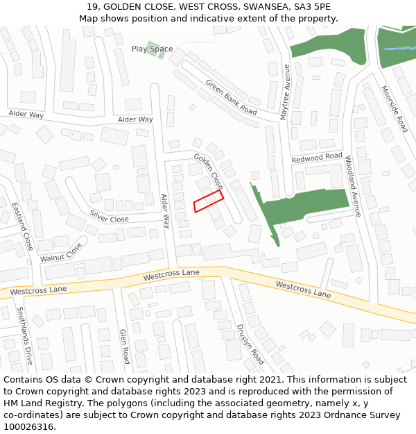 19, GOLDEN CLOSE, WEST CROSS, SWANSEA, SA3 5PE: Location map and indicative extent of plot