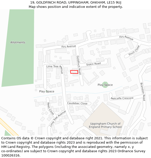 19, GOLDFINCH ROAD, UPPINGHAM, OAKHAM, LE15 9UJ: Location map and indicative extent of plot