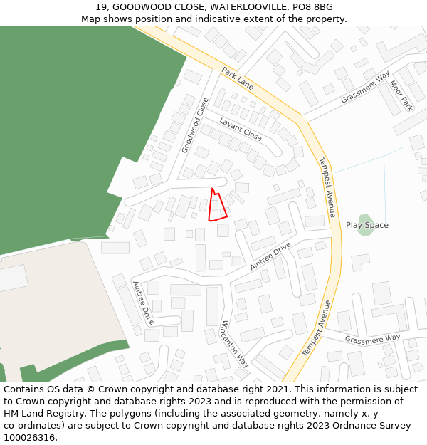 19, GOODWOOD CLOSE, WATERLOOVILLE, PO8 8BG: Location map and indicative extent of plot